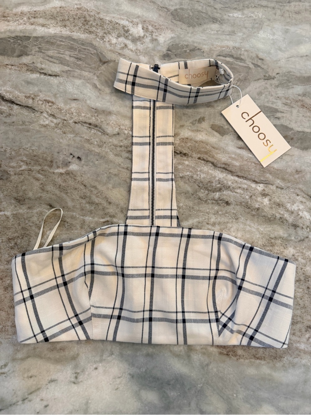 NWT Choosy Plaid Choker Halter Crop Top Cream Black Y2K Preppy